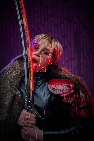 Cyberpunk girl with fur and glowing sword — Stock Photo, Image