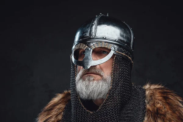 Headshot of medieval elder knight wearing helmet — Stock Photo, Image