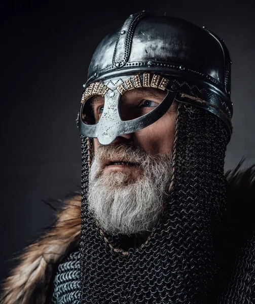 Closeup portrait of old viking weared in mail and helmet — Stock Photo, Image