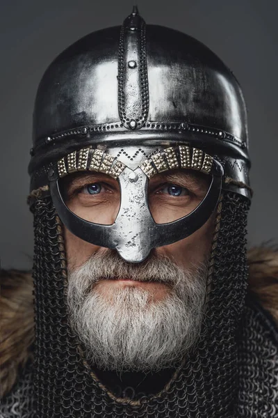 Closeup portrait of elder viking warrior with helmet — Zdjęcie stockowe