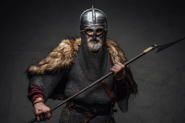 Violent viking fighter dressed in authentic armored clothing — Stock Photo, Image