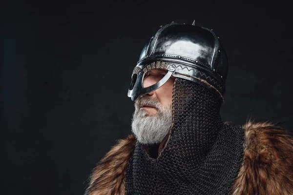 Old crusader dressed in armor and fur — Stock Photo, Image
