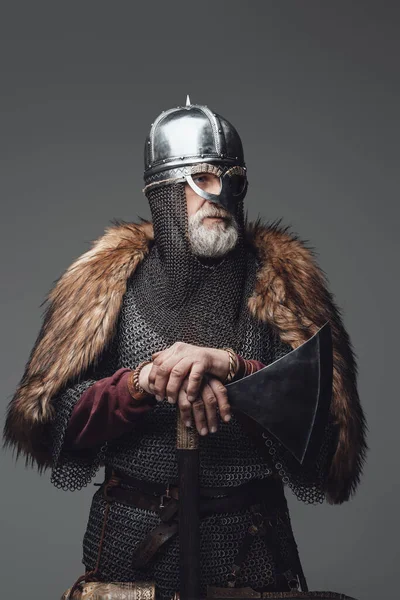 Barbaric elder viking with helmet fur and mail — Stock Photo, Image