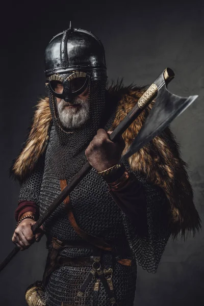 Studio shot of antique old age viking with axe — Stock Photo, Image