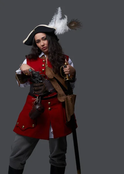 Rich woman buccaneer with tricorn hat and gem rings — Stock Photo, Image