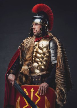 Roman empire soldier posing with sword and shield clipart