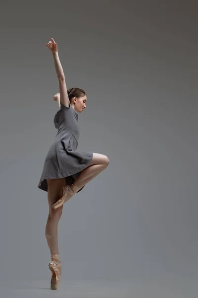 Rugalmas balerina szürke ruhát visel szürke háttér — Stock Fotó