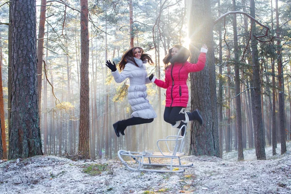 Two girls in winter forest. — Stock Photo, Image