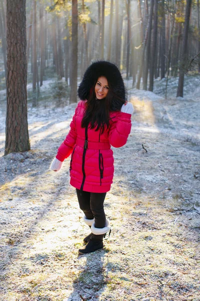 Het meisje op een wandeling in de winter hout — Stockfoto