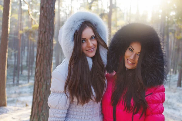 Glada tjejer i vinter skog. — Stockfoto