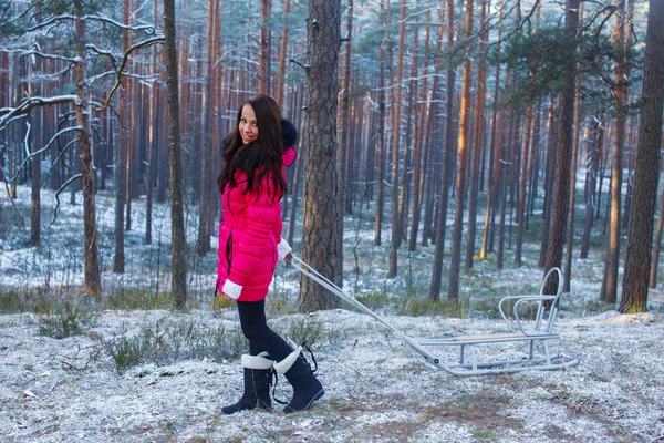 The  girls on a walk in the winter woods — Stock Photo, Image