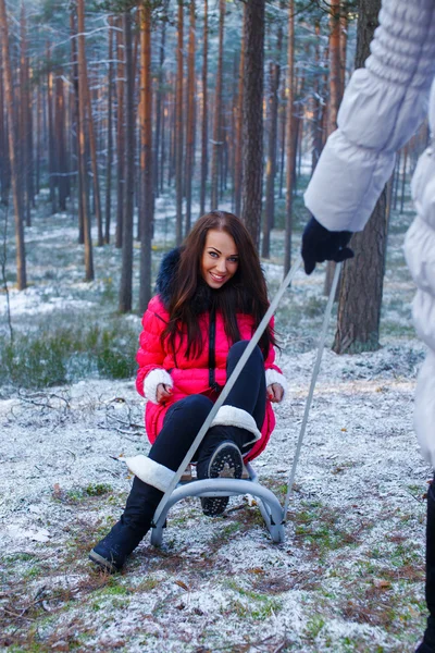 The  girls on a walk in the winter woods — Stock Photo, Image