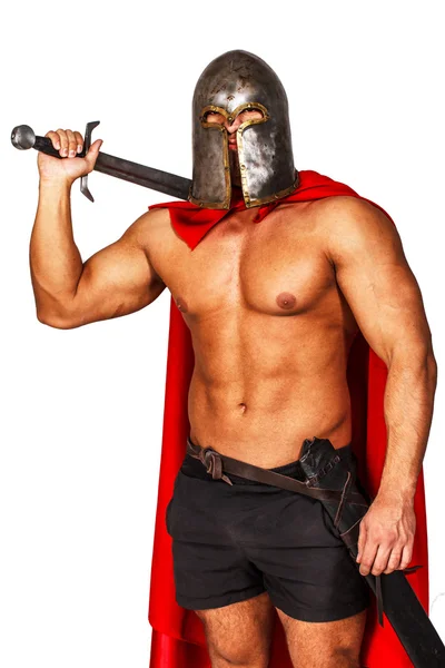 Tja titta warrior i röd mantel och hjälm — Stockfoto