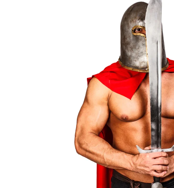 Calm warrior with a sword close to his face — Stock Photo, Image