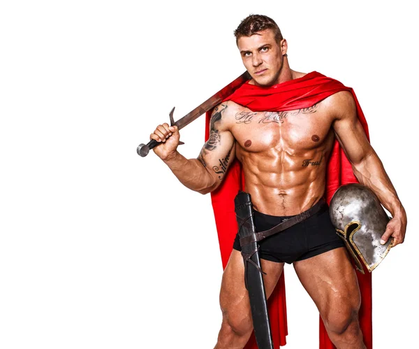 Huge warrior with sword, helmet and mantle — Stock Photo, Image