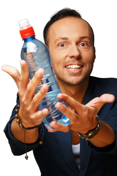 Een man in een blauwe blazer houden een fles — Stockfoto