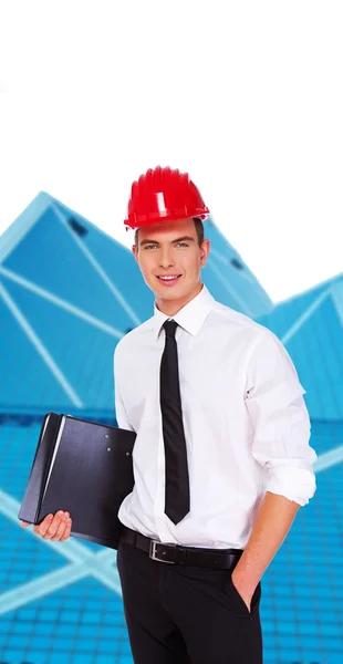Junger selbstbewusster Geschäftsmann mit rotem Bollenhut — Stockfoto