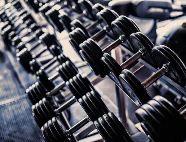 Two rows of iron dumbbells — Stock Photo, Image