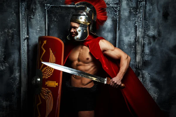 Muscular Roman posing on grey background. — Stock Photo, Image