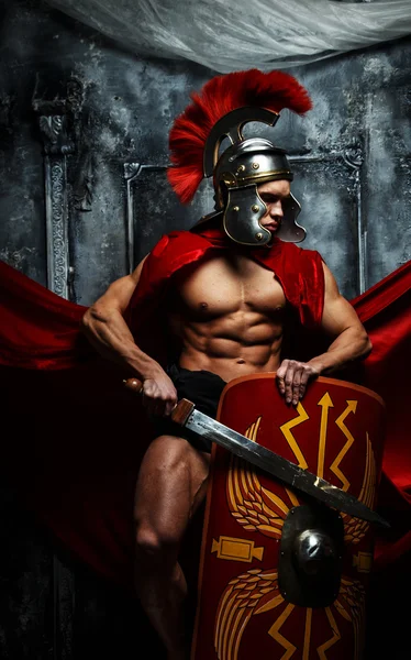 Muscular warrior holds shield and sword — Stock Photo, Image