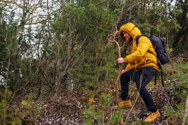 Usmívající se muž s plnovousem a hůl. — Stock fotografie