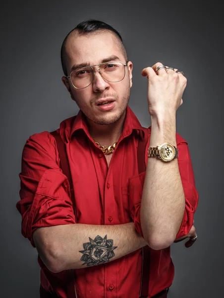 Male in red t shirt in studio. — Stock Photo, Image