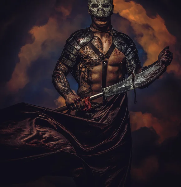 Brutal dangerous tattooed medievel fighter — Stock Photo, Image
