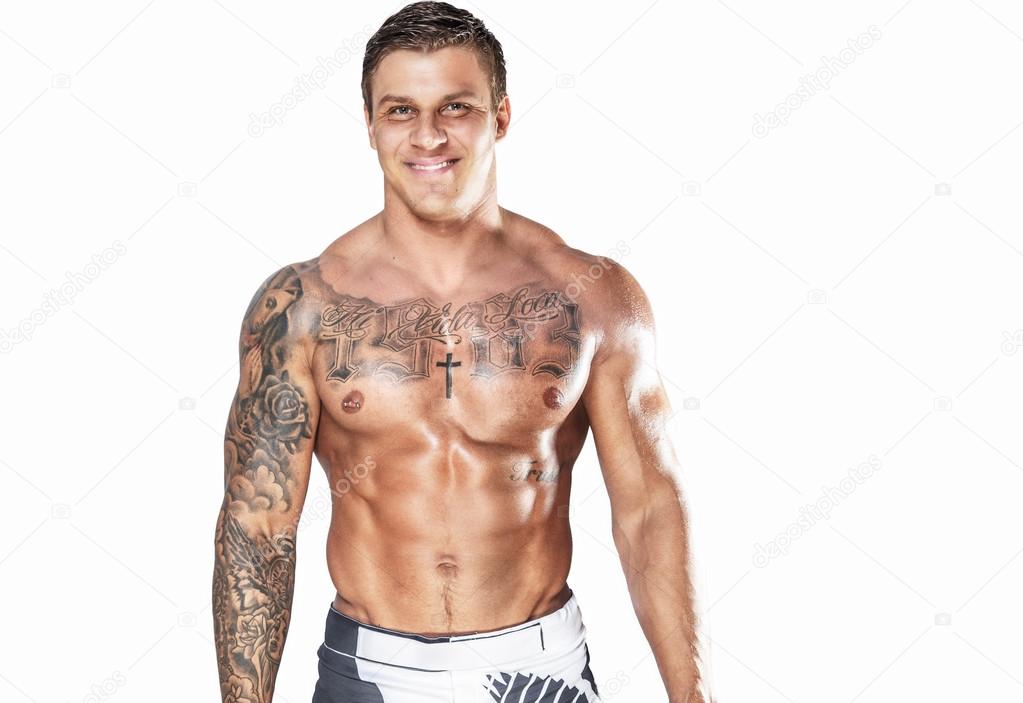 Fighter posing on white background