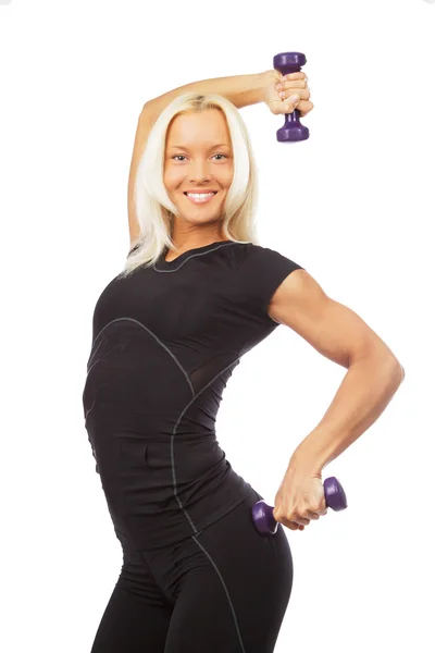 Blond fitness kvinna med dumbell — Stockfoto