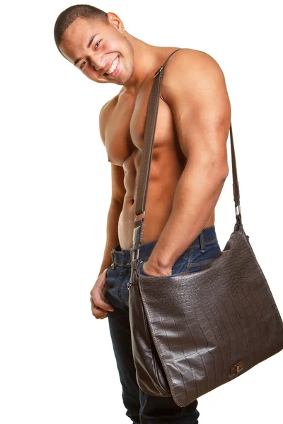 Shirtless smiling muscular young guy — Stock Photo, Image
