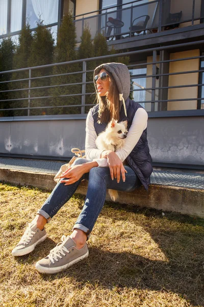 Cute female with small dog — Stock Photo, Image