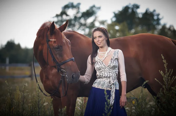 Mulher e cavalo marrom . — Fotografia de Stock