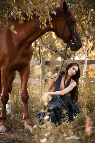 Portrét Sedící žena a hnědý kůň. — Stock fotografie