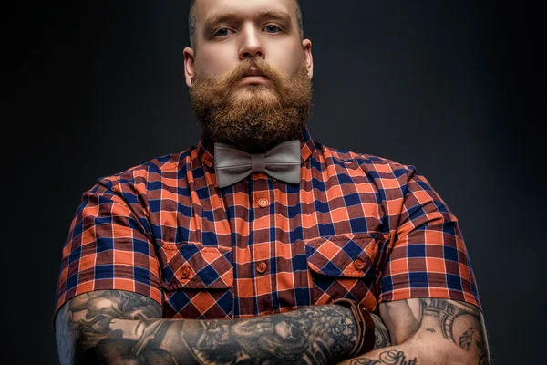 Portrait of male in red shirt and grey bow tie. — Stock Photo, Image