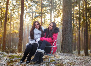 Kış coats içinde iki kız arkadaşım.