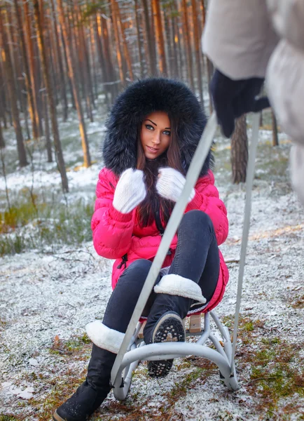 Girl in pink coat sitting on sledge. — Stock Photo, Image