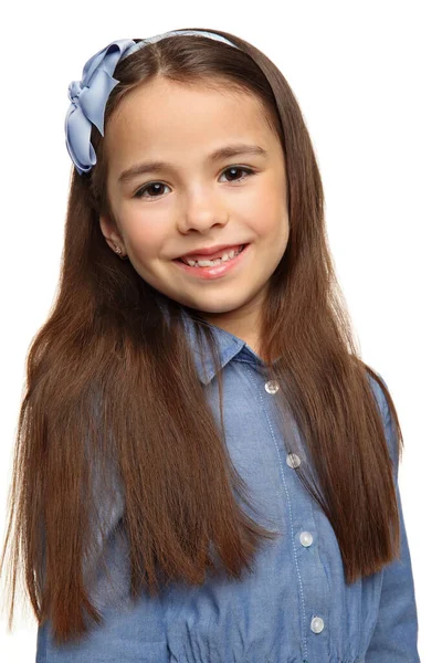 Portrait Une Jeune Fille Brune Souriante Heureuse Sur Fond Blanc Images De Stock Libres De Droits