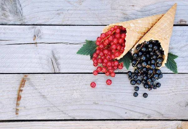 Groselhas vermelhas frescas maduras e groselhas pretas em cones de waffle de sorvete em fundo de madeira rústica. Deitado plano elegante. Conceito mínimo. Espaço para texto . — Fotografia de Stock