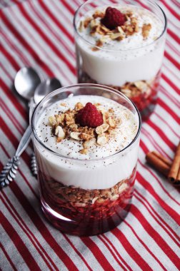 Ev yapımı katmanlı tatlı veya granola, Ahududu reçeli ve bir bardak Kaymaklı yoğurt parfe. Sağlıklı gıda ve beslenme kavramı. Seçici odak.