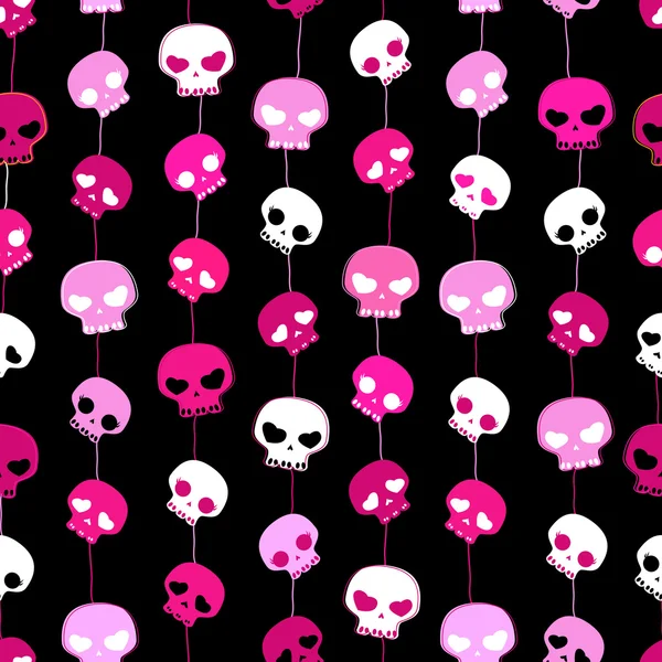 Girlish aggressive cute black and pink skulls, seamless pattern — Stock Vector