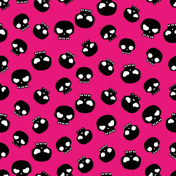 Calaveras negras sobre fondo rosa, patrón sin costuras — Vector de stock