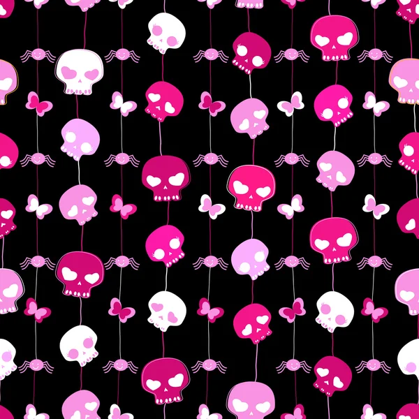 Pink skulls on black background, seamless pattern — Stock Vector