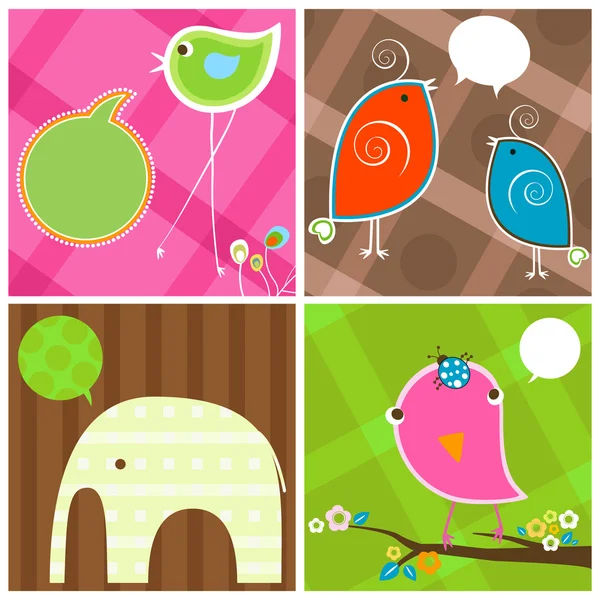 Cute vogels en olifant met bubbels toespraak — Stockvector