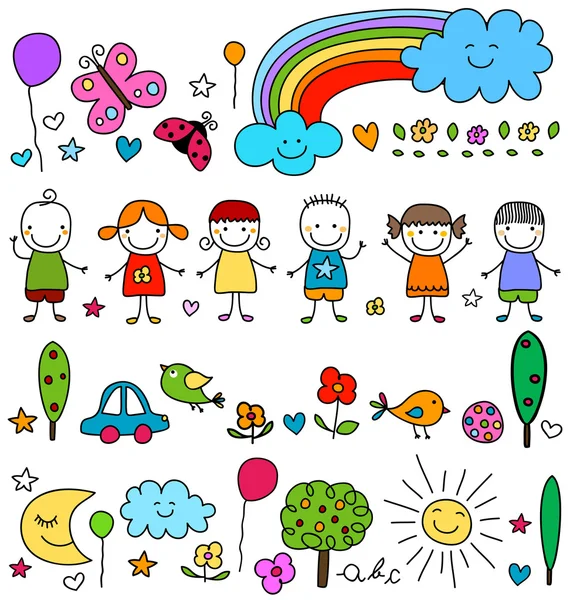 Cute kids en natur elementen patroon — Stockvector