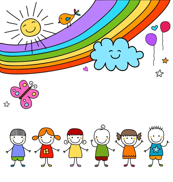 Kids groep en regenboog — Stockvector