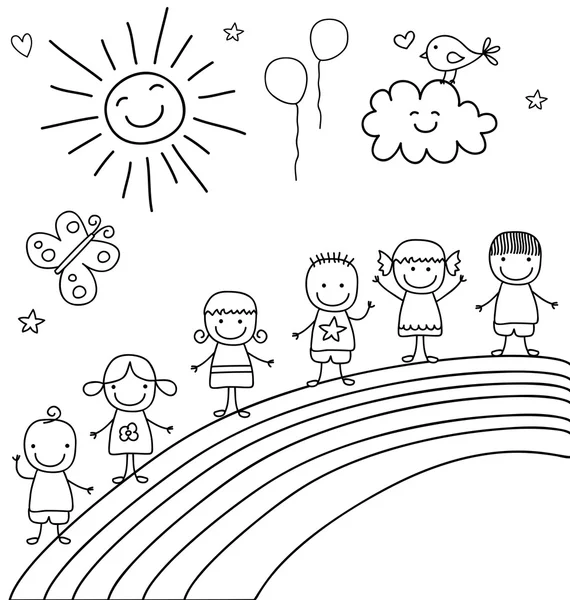 Kids on rainbow — Stock Vector