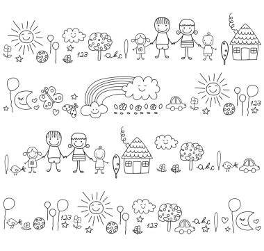 Mutlu bir aile ve sevimli doğa öğeleri