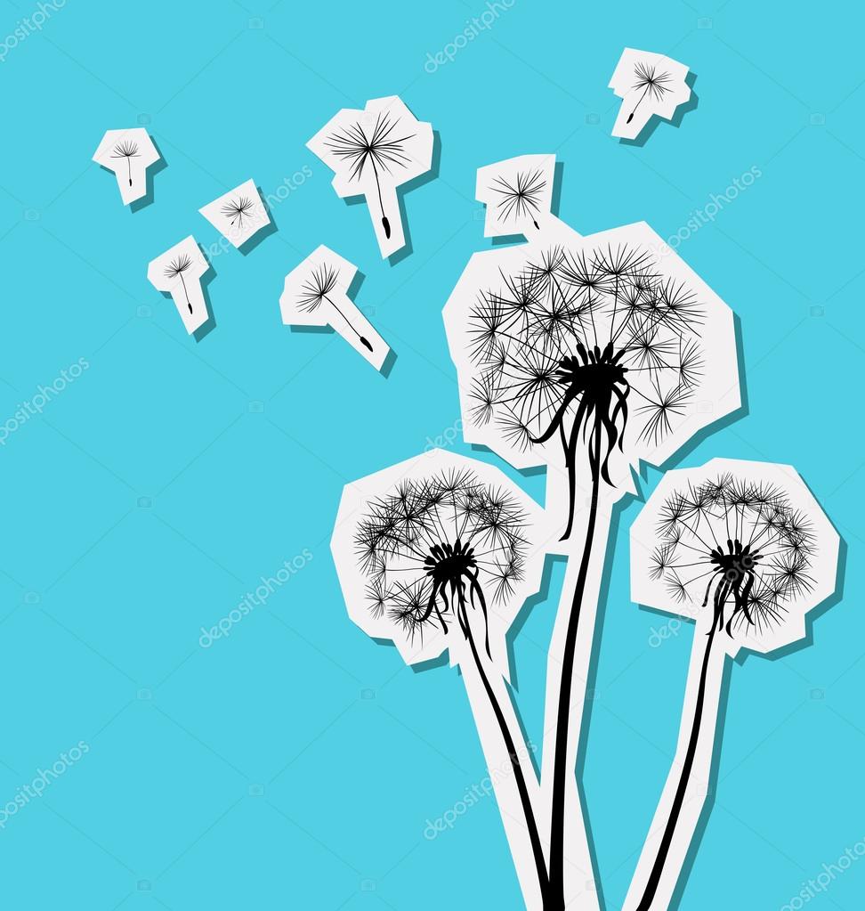 Silhouettes of three dandelions in the wind