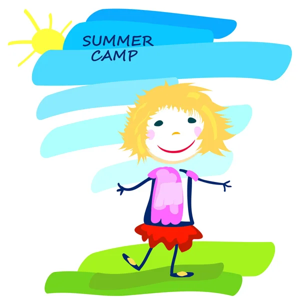 Καλοκαίρι στρατόπεδο αφίσα με ευτυχισμένη κοριτσάκι — Διανυσματικό Αρχείο