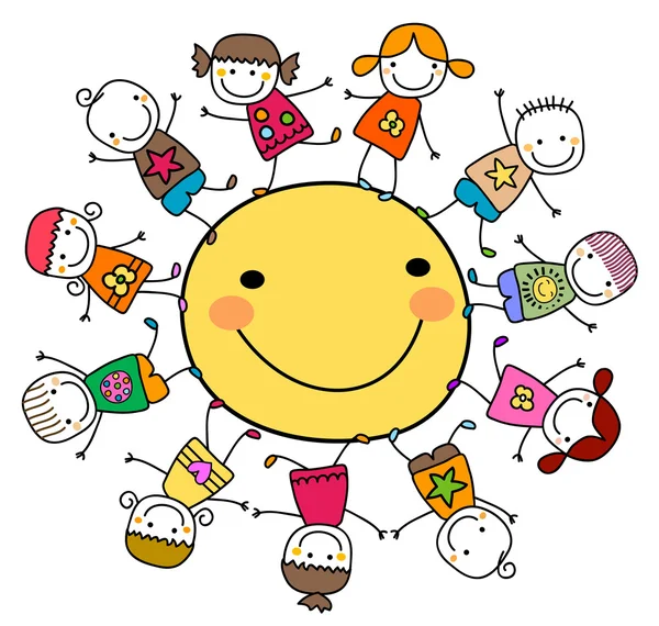 Happy kids playing around the sun — Stock Vector